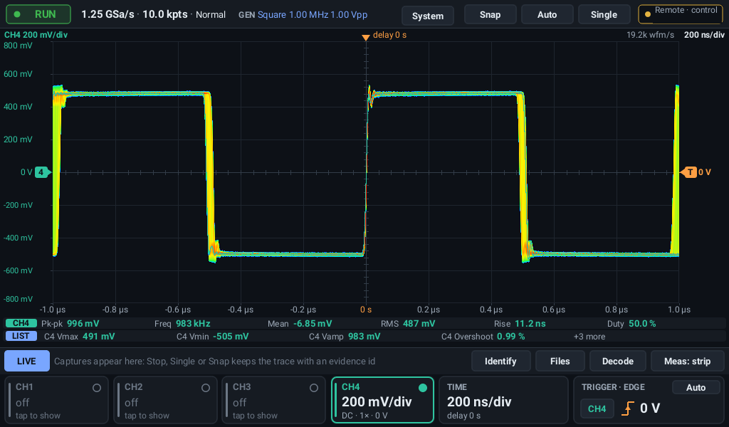 A Rigol DHO924S running NovaOS: a 1 MHz clock with frequency modulation in the density display, temperature palette, 19.2k waveforms per second
