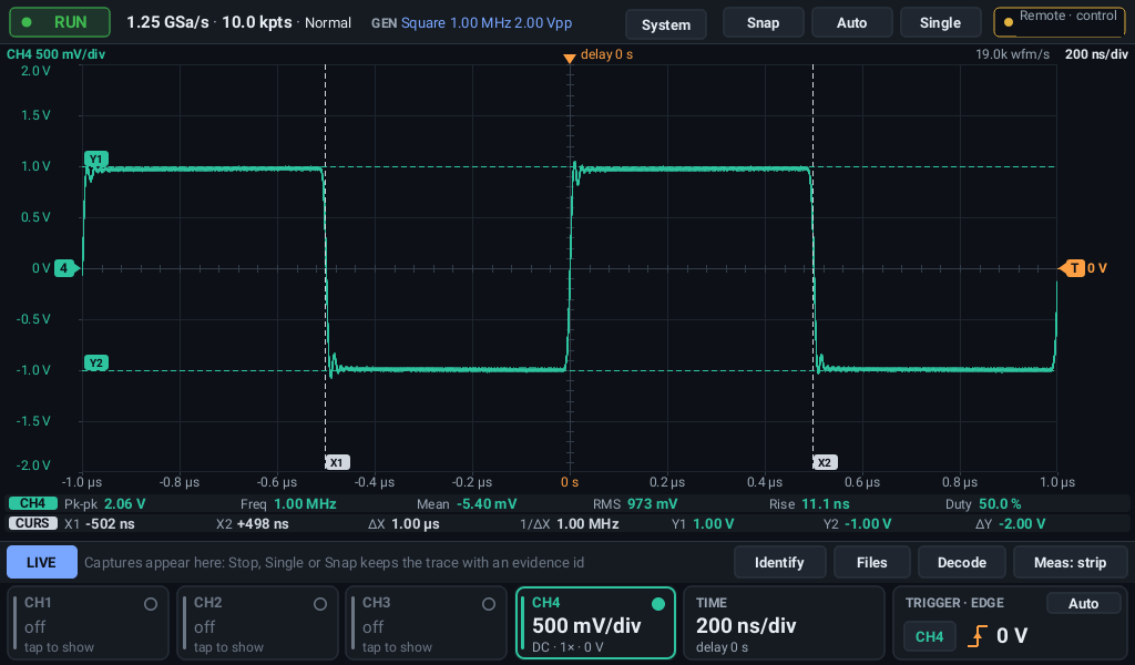 NovaOS main screen with a square wave, measurements and cursors